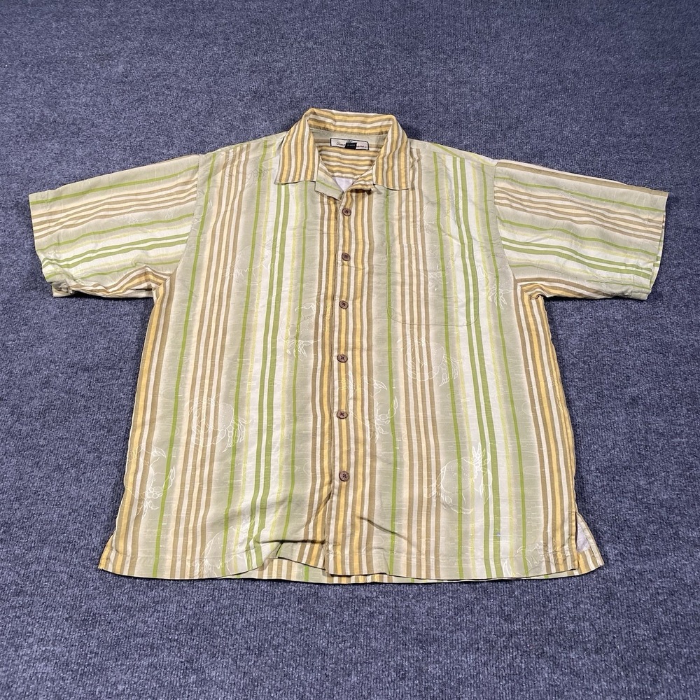 Vintage Tommy Bahama Striped Crab Embossed Silk Loop Collar Camp Shirt Mens L - Picture 2 of 6